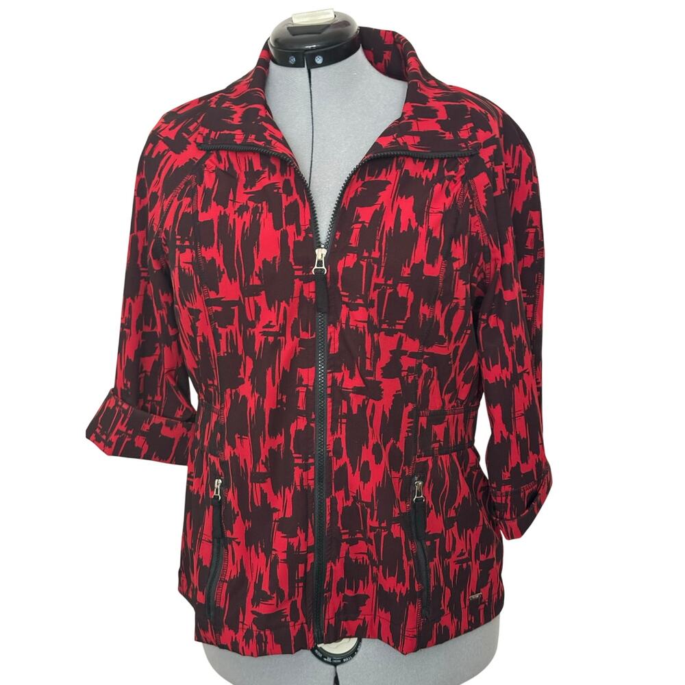 Zenergy by Chico’s Women’s Red & Black Abstract Print Zip Jacket Size 1 (Medium)